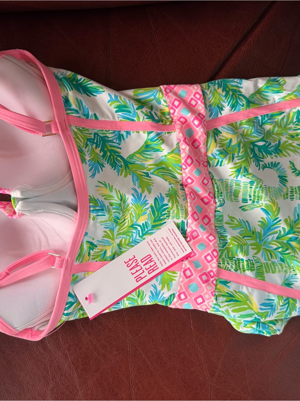 Lilly Pulitzer Tropical Palm Print One-Piece in Pink, Green & Aqua - Picture 4 of 4